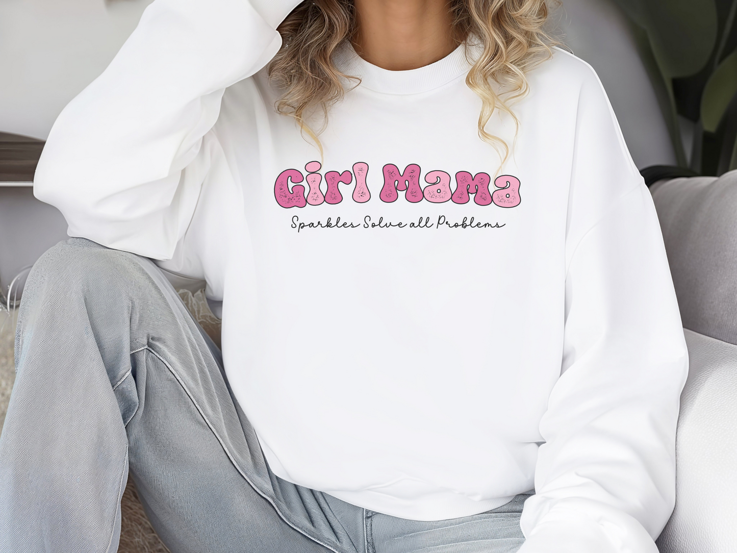 Girl Mama, Sparkles Solve All Problems Pullover Crewneck Sweatshirt