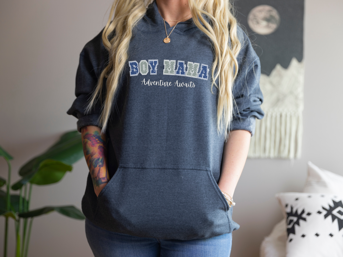 Boy Mama, Adventure Awaits Pullover Hooded Sweatshirt