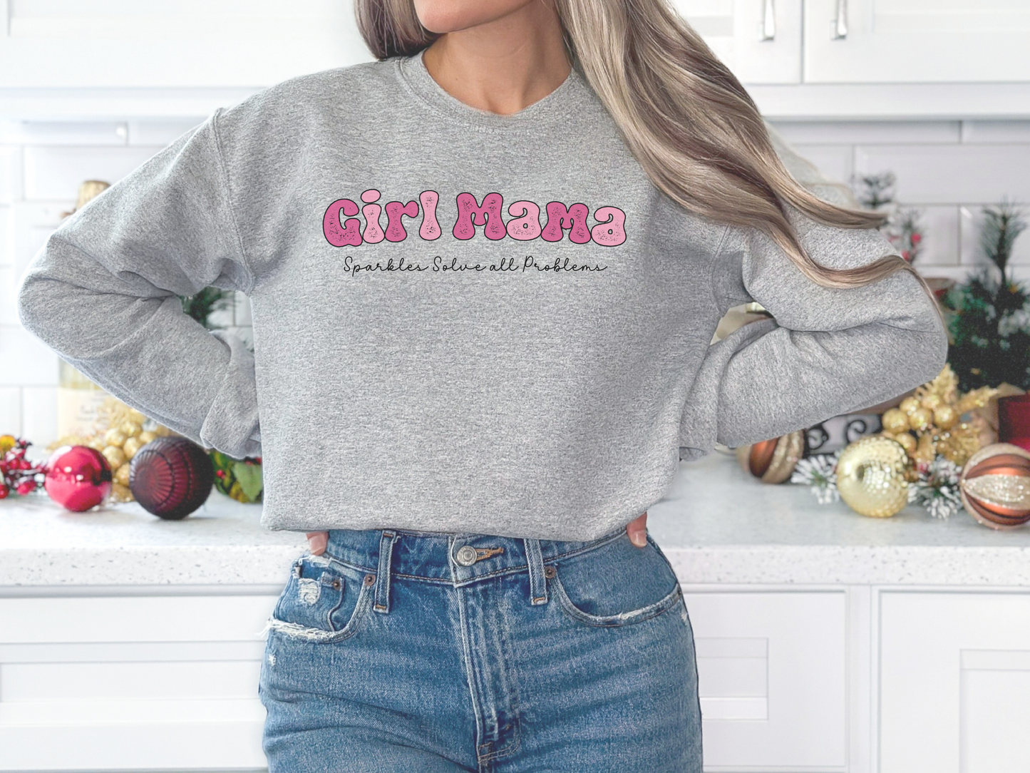 Girl Mama, Sparkles Solve All Problems Pullover Crewneck Sweatshirt