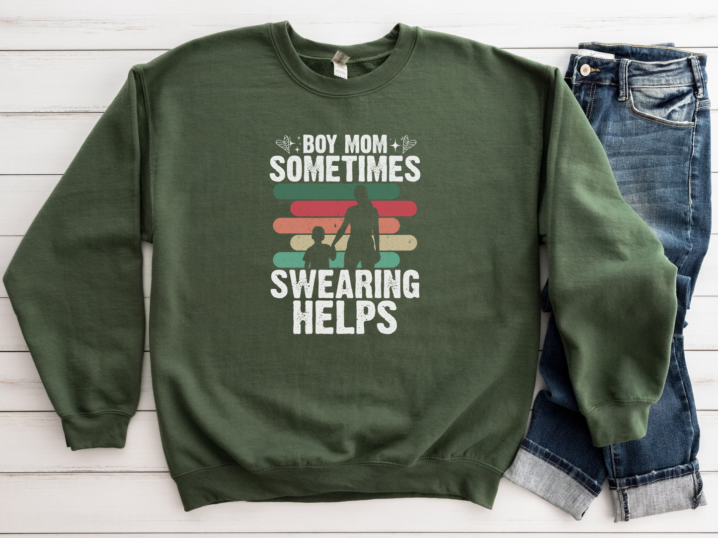 Boy Mom, Sometimes Swearing Helps Pullover Crewneck Sweatshirt