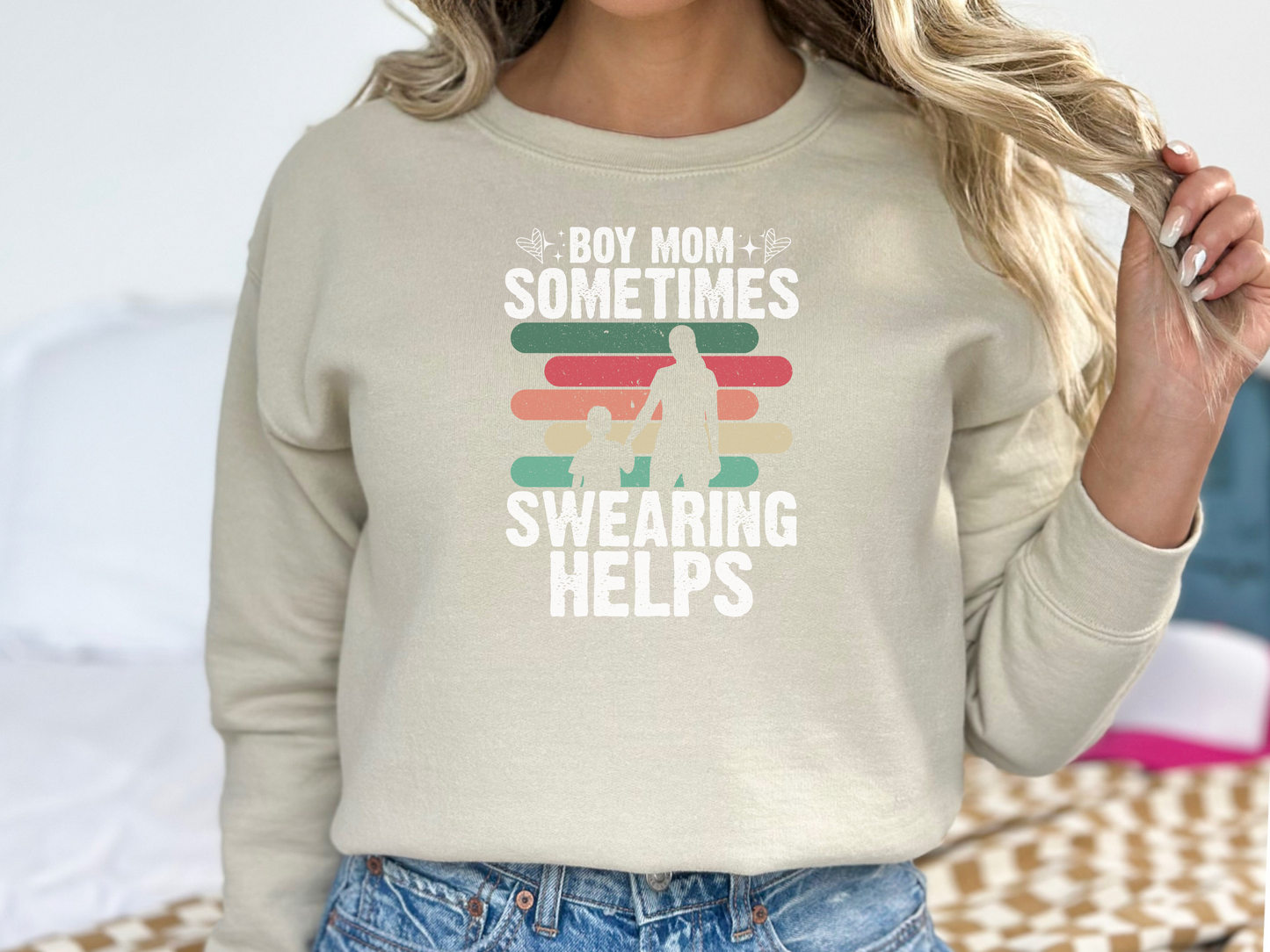 Boy Mom, Sometimes Swearing Helps Pullover Crewneck Sweatshirt