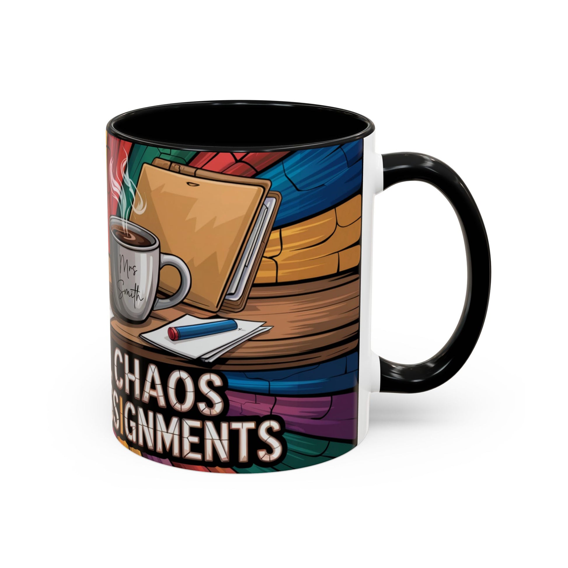 Mug with colorful design of a desk with a coffee mug, notebook, and pen, and the text 'Chaos Segments'.