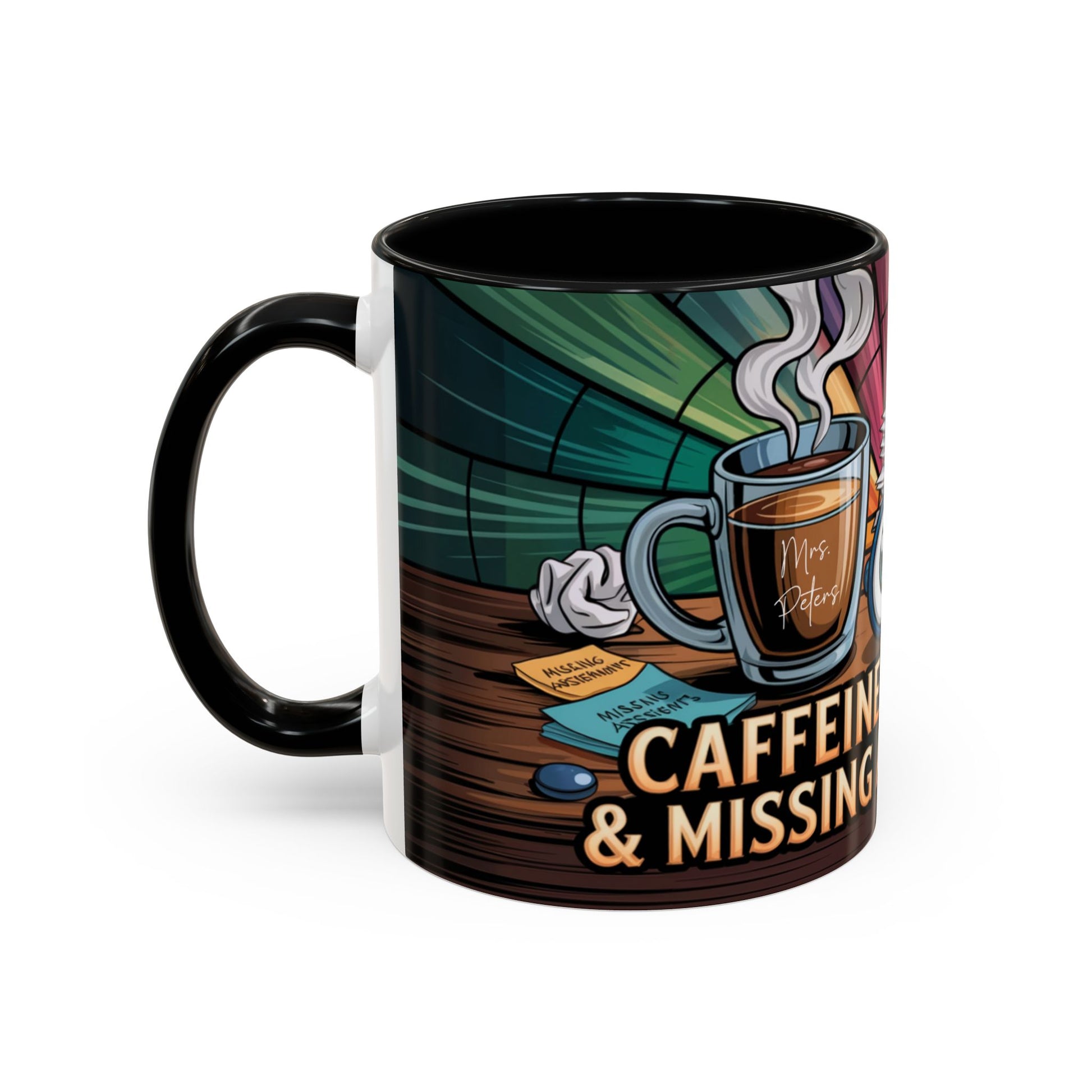 Mug with colorful design featuring a coffee cup and text on a white background