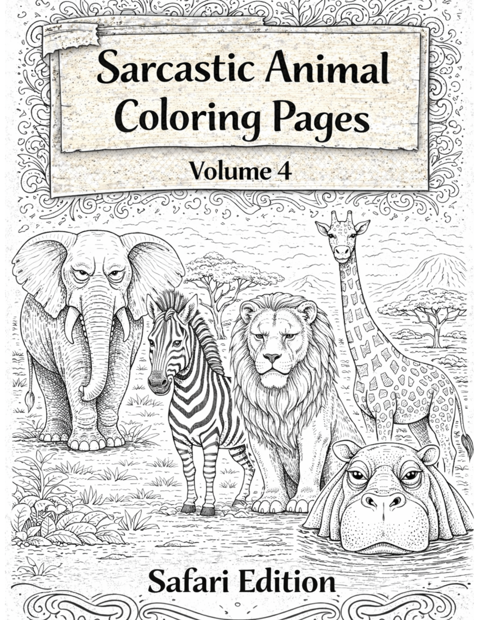 sarcastic safari animal coloring pages bundle volume 4 printable adult coloring pages elephant lion zebra giraffe hippo
