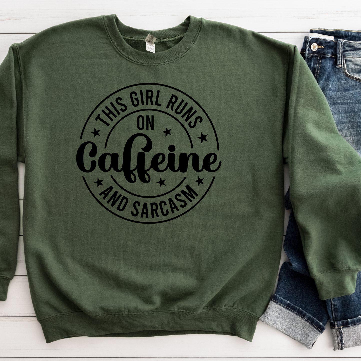 This Girl Runs on Caffeine & Sarcasm Pullover Crewneck Sweatshirt