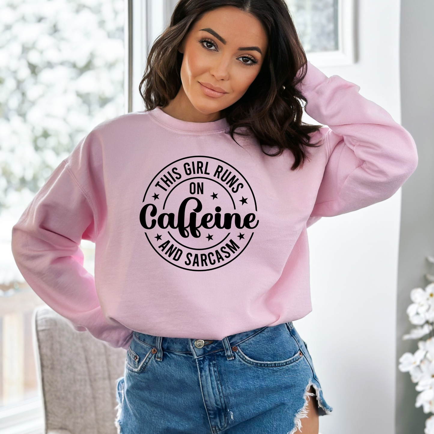 This Girl Runs on Caffeine & Sarcasm Pullover Crewneck Sweatshirt