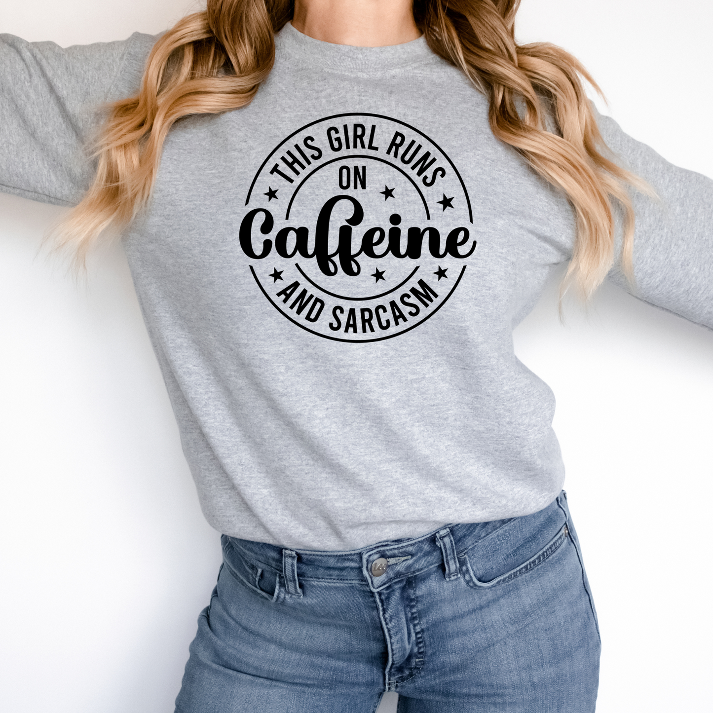 This Girl Runs on Caffeine & Sarcasm Pullover Crewneck Sweatshirt