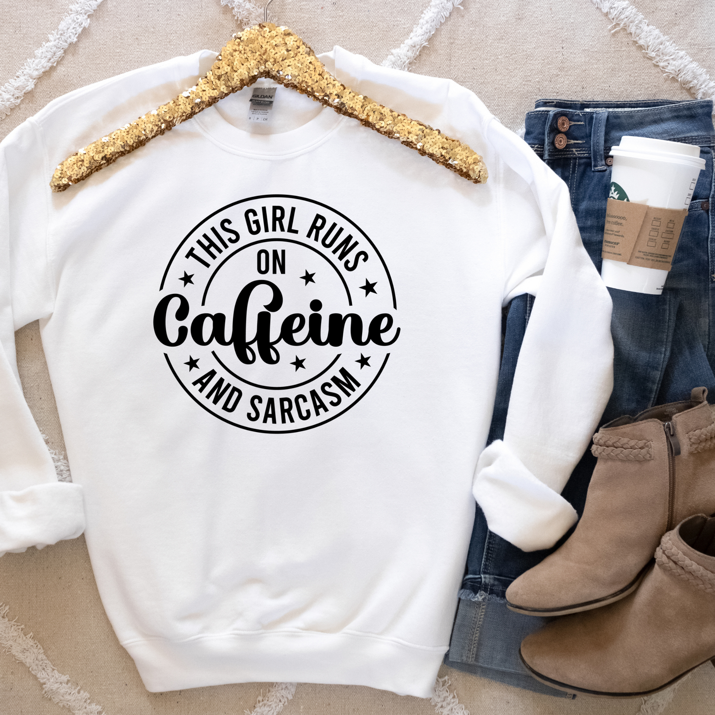 This Girl Runs on Caffeine & Sarcasm Pullover Crewneck Sweatshirt