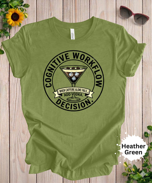 Funny espresso martini graphic t-shirt with the phrase when caffeine alone fails add vodka in a circular badge design