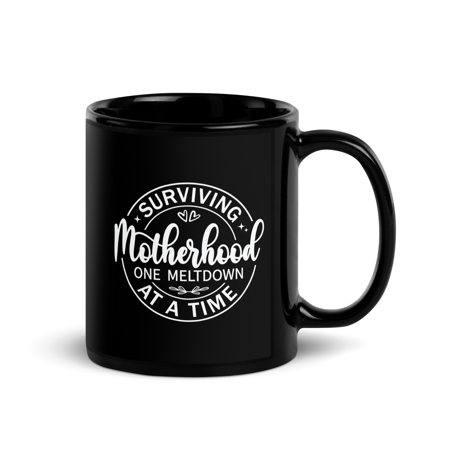 Surviving Motherhood One Meltdown at a Time Black Ceramic Coffee Mug