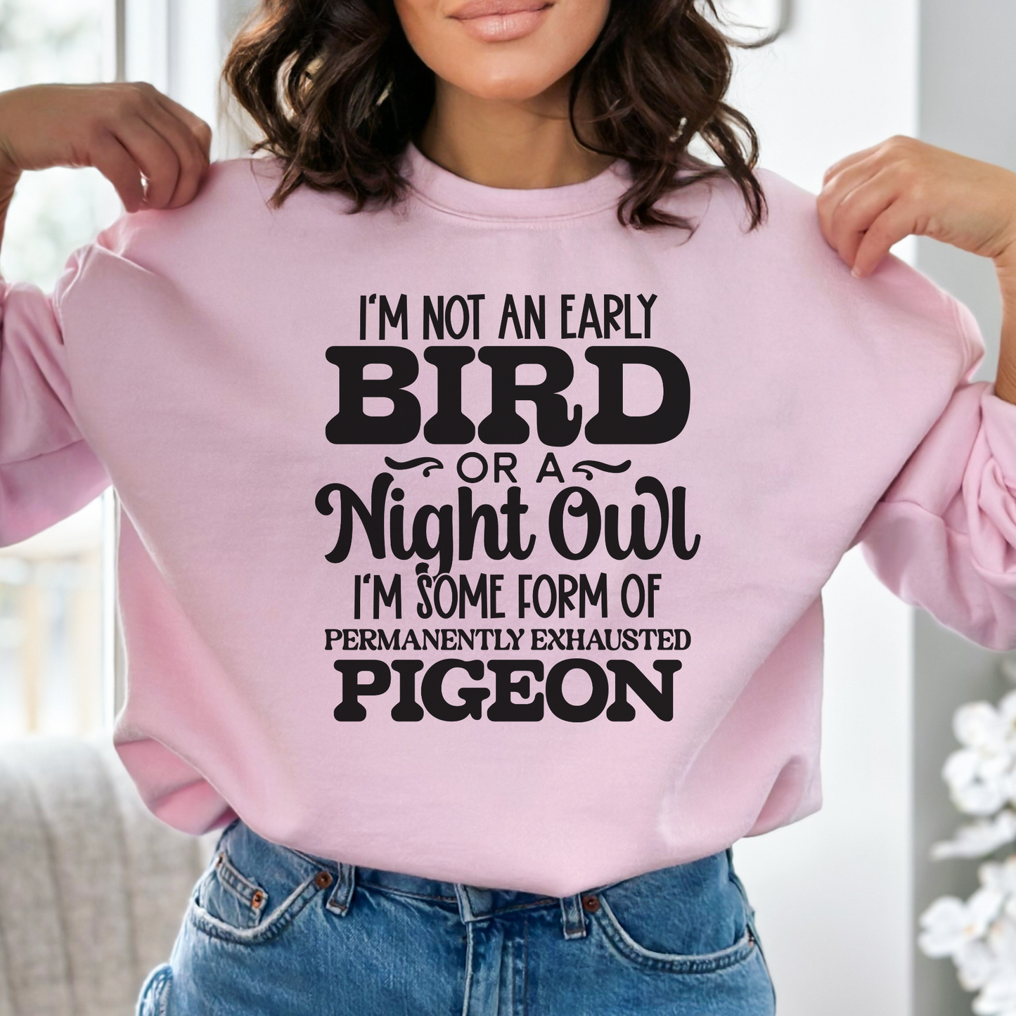 Casual Comfort: Permanently Exhausted Pigeon Crewneck