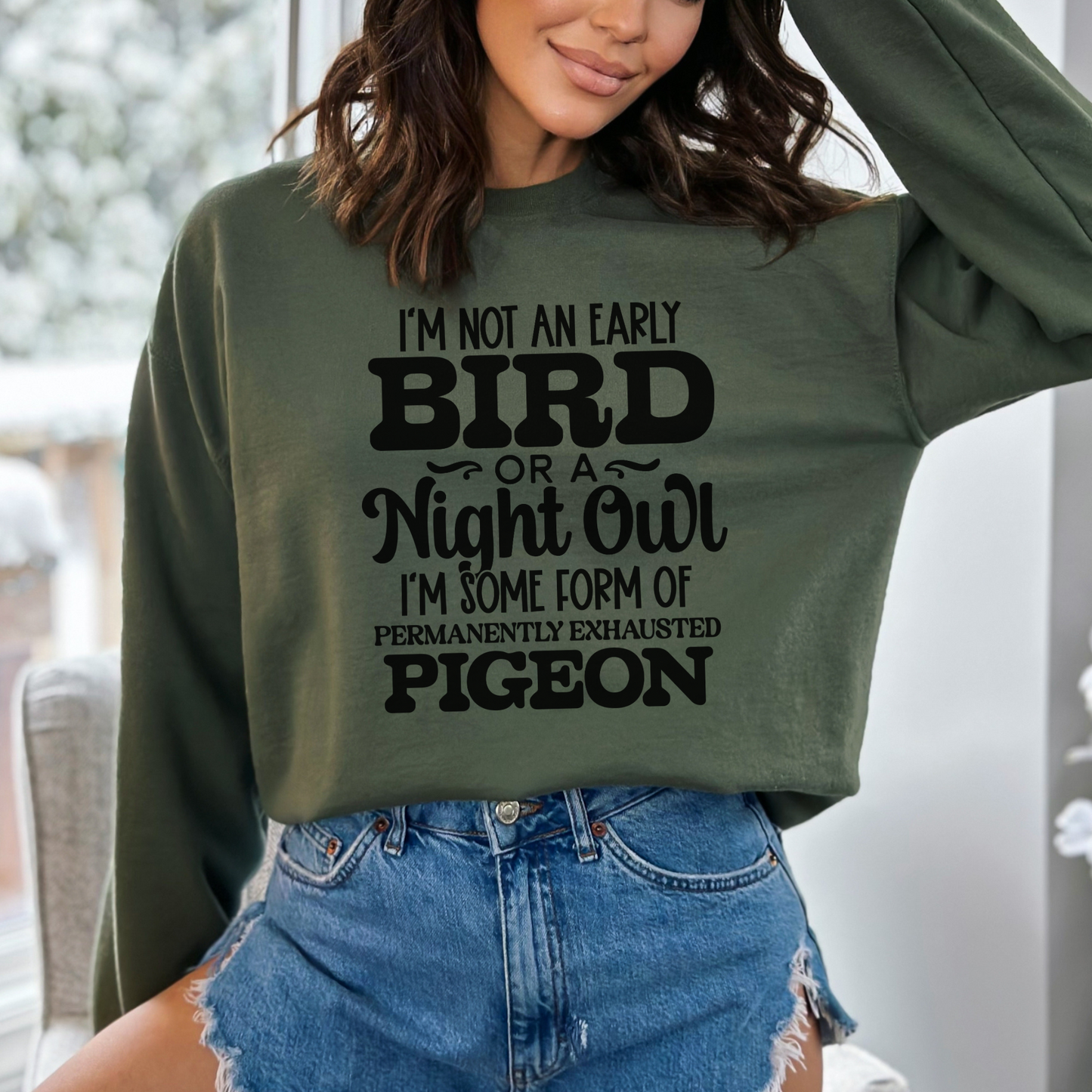 Casual Comfort: Permanently Exhausted Pigeon Crewneck