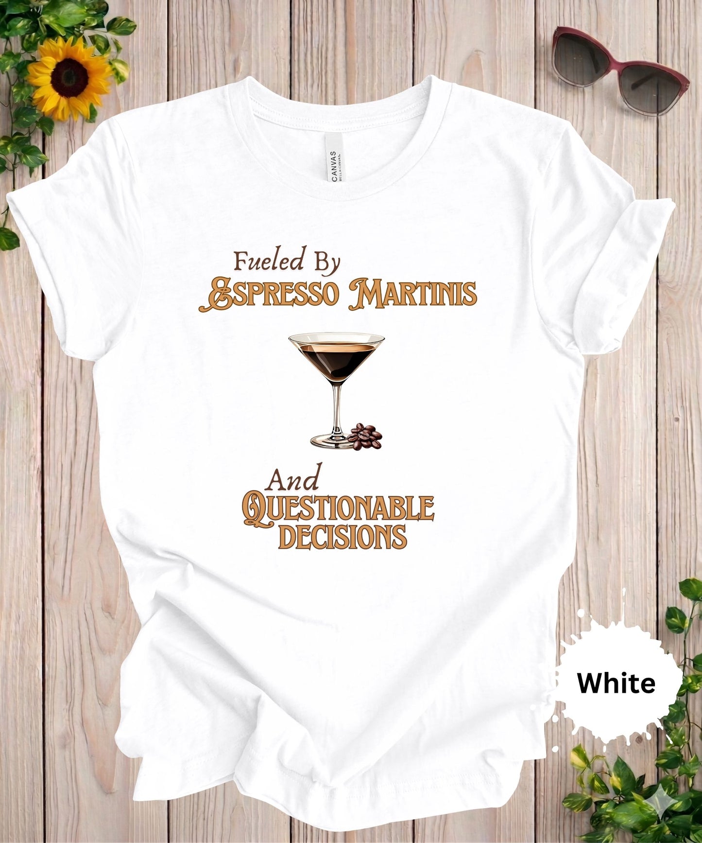 Woman wearing Fueled by espresso martinis and questionable decisions graphic t-shirt with cocktail illustration