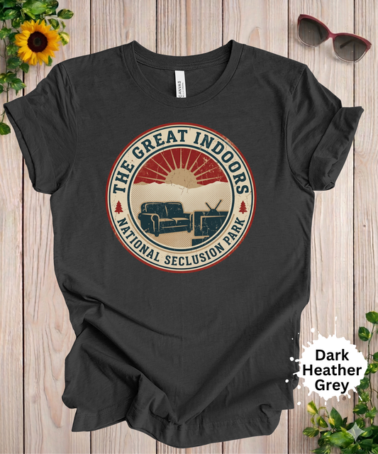 Great Indoors National Seclusion Park t-shirt with couch and TV funny introvert design