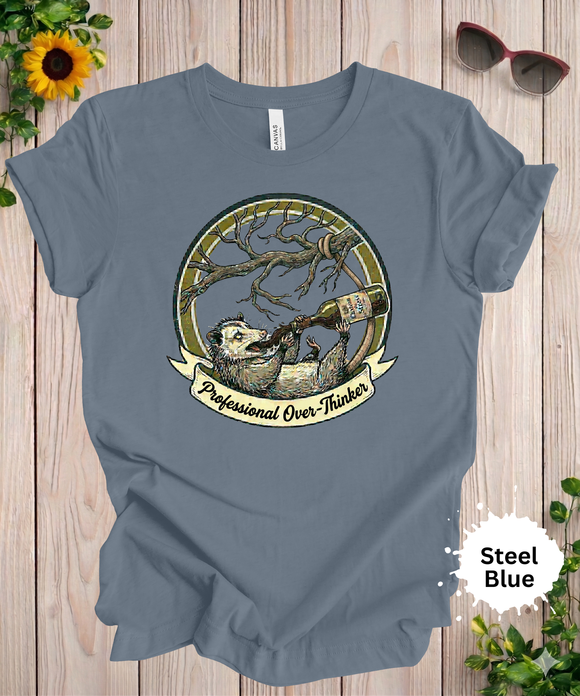 Woman wearing professional overthinker opossum graphic t-shirt with vintage-style illustration of possum holding a bottle
