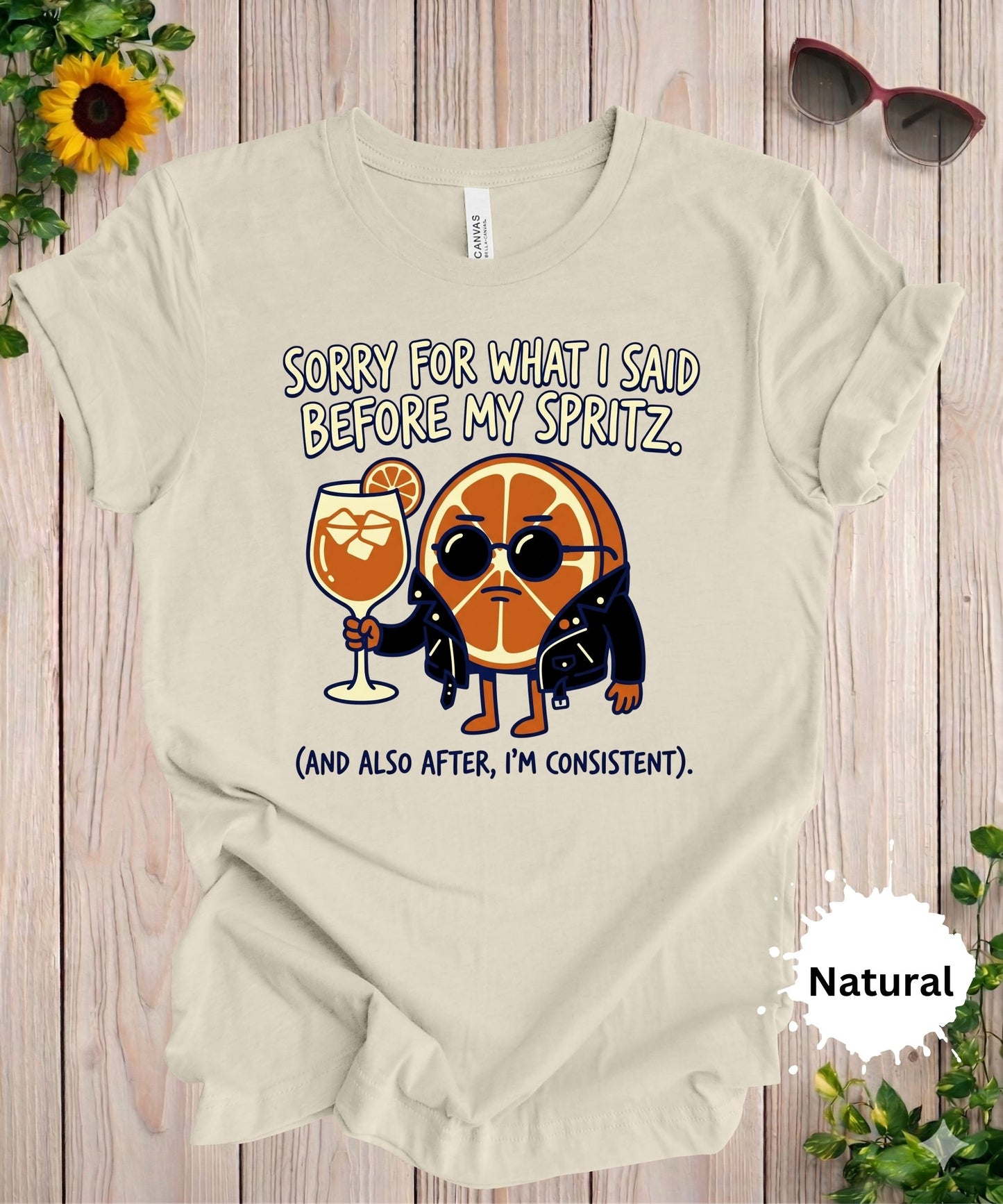 Woman wearing Sorry for what I said before my spritz funny graphic t-shirt with cocktail theme