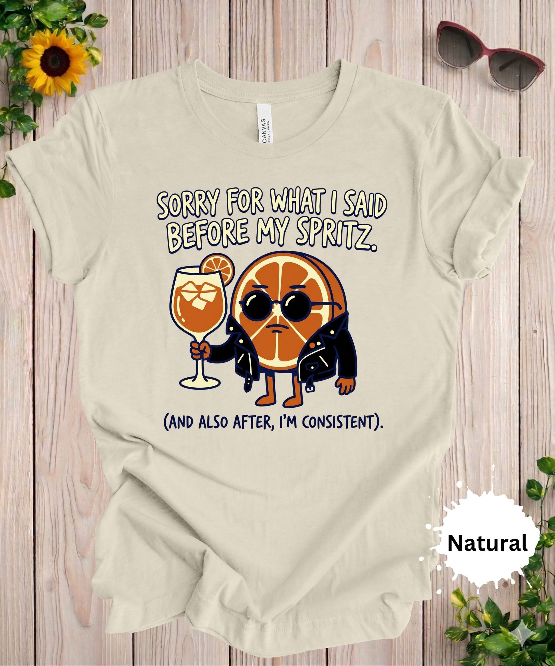 Woman wearing Sorry for what I said before my spritz funny graphic t-shirt with cocktail theme