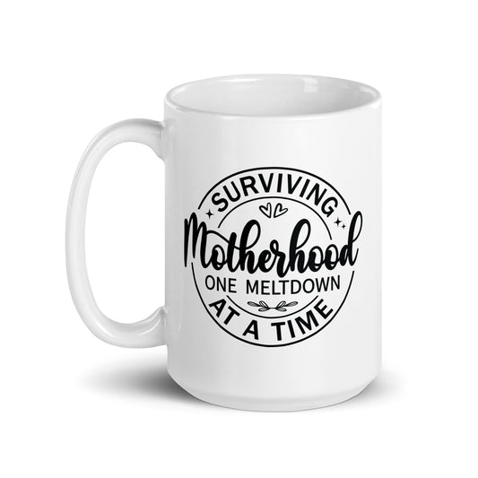 Mom's Daily Triumph: 'Surviving Motherhood' White Ceramic Coffee Mug